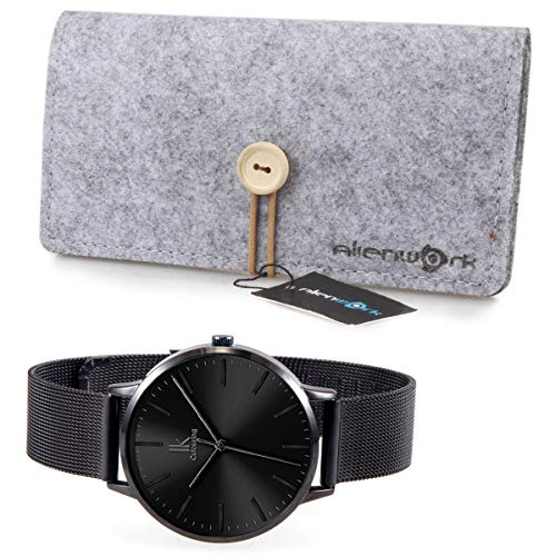 Alienwork Reloj Mujer Relojes Acero Inoxidable Banda de Malla Metálica Negro Analógicos Cuarzo Impermeable Ultra-Delgada