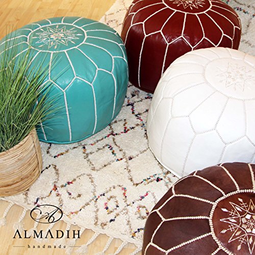 ALMADIH Pouffe Blanco otomano Bordado Cojín de Cuero Genuino Taburete - 100% Hecha a Mano - 50x35 cm Cojín de Suelo marroquí Oriental Asiento para Silla de pie Salón o Dormitorio Reposapies Puf Poof