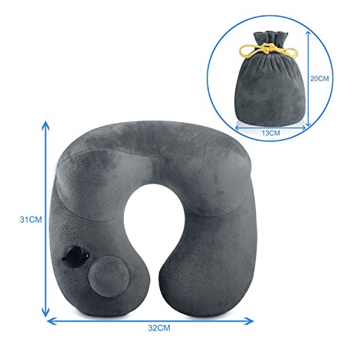 Almohada de Cuello, iTrunk Inflable Almohadas de Viaje para Avión Coche Tren Oficina, Terciopelo Lavable, Soporte de Confort de Cuello, con Máscara de Ojos, Tapones de oidos y una Bolsa de Transporte