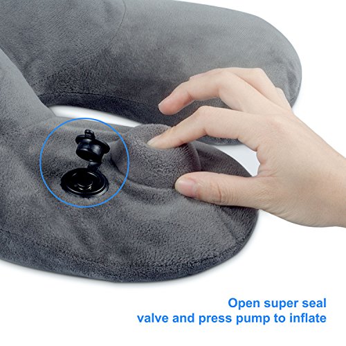 Almohada de Cuello, iTrunk Inflable Almohadas de Viaje para Avión Coche Tren Oficina, Terciopelo Lavable, Soporte de Confort de Cuello, con Máscara de Ojos, Tapones de oidos y una Bolsa de Transporte