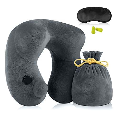 Almohada de Cuello, iTrunk Inflable Almohadas de Viaje para Avión Coche Tren Oficina, Terciopelo Lavable, Soporte de Confort de Cuello, con Máscara de Ojos, Tapones de oidos y una Bolsa de Transporte