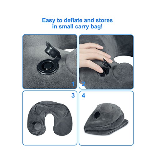 Almohada de Cuello, iTrunk Inflable Almohadas de Viaje para Avión Coche Tren Oficina, Terciopelo Lavable, Soporte de Confort de Cuello, con Máscara de Ojos, Tapones de oidos y una Bolsa de Transporte