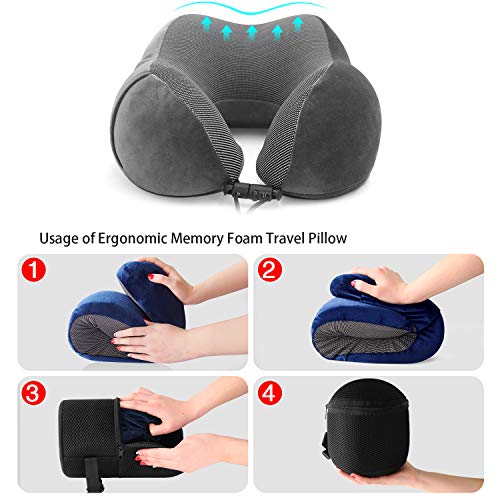 Almohada de Viaje Cervical Viscolástica Ortopédica - Almohada de Cuello,Almohadas de Acampada,Soporte de Cuello,con Máscara de Ojos 3D y Tapones para los oídos,Adecuada para Viajes,Oficina (Gris).
