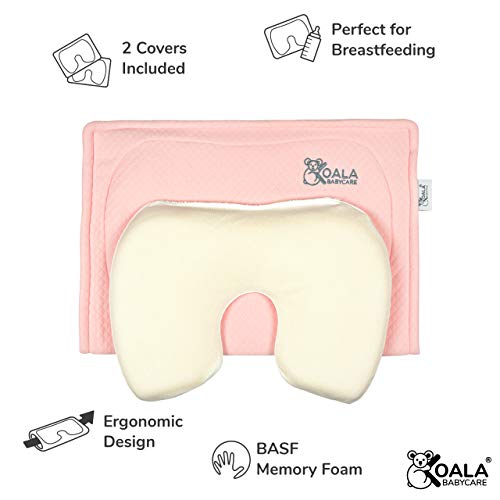 Almohada Plagiocefalia bebé de lactancia Koala Babycare® en memory foam para la prevención y el tratamiento de la plagiocefalia (cabeza plana) con funda extraíble (con 2 fundas de almohada) - Rosa