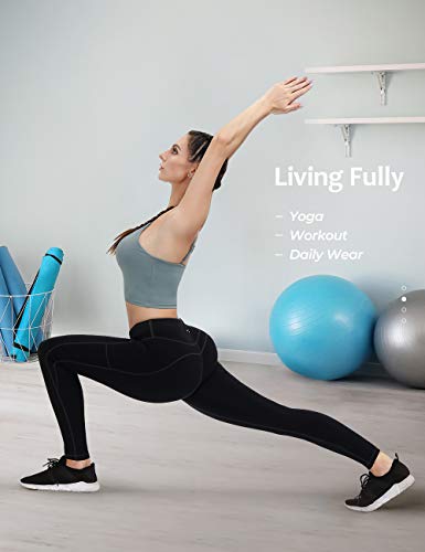 ALONG FIT Mujer Mallas con Bolsillos Leggings Deporte Alta Cintura Mallas Adelgazantes Compresion Pantalon Deportivo Largo para Gym Yoga Running Ciclista Moldeador Fitness Negro M