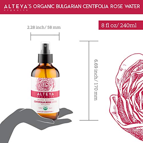 Alteya Organic Centifolia Rose Water Spray 240 ml botella de vidrio - 100% orgánico certificado USDA auténtico puro rosa Centifolia flor vapor destilada