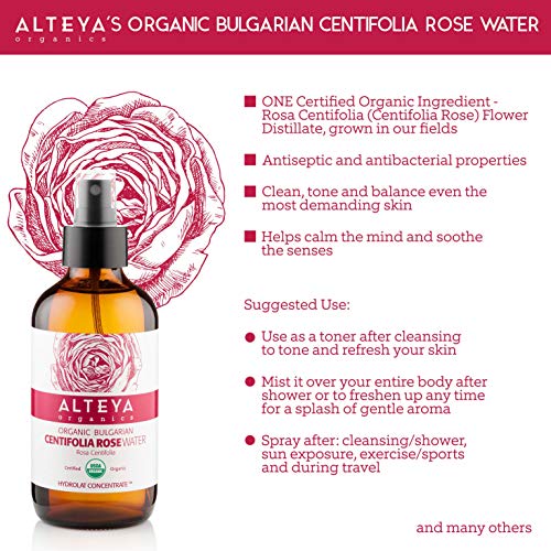 Alteya Organic Centifolia Rose Water Spray 240 ml botella de vidrio - 100% orgánico certificado USDA auténtico puro rosa Centifolia flor vapor destilada