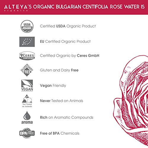 Alteya Organic Centifolia Rose Water Spray 240 ml botella de vidrio - 100% orgánico certificado USDA auténtico puro rosa Centifolia flor vapor destilada