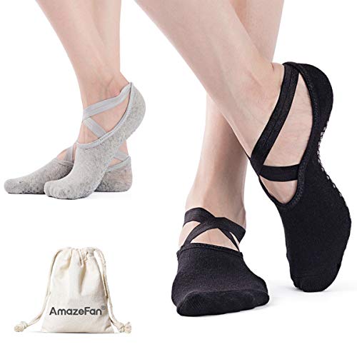 AmazeFan Calcetines de Yoga Antideslizantes para Mujeres, Ideales para Pilates al Aire Libre Medias de Entrenamiento Deportivo con Granos Antideslizantes Negro y Gris 2 Pares