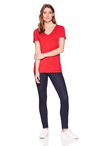 Amazon Essentials Camiseta de manga corta clásico con cuello en V, Mujer, Rojo (Rojo/Gris Claro Jaspeado), L, pack de 2