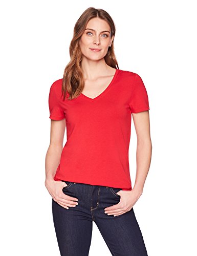Amazon Essentials Camiseta de manga corta clásico con cuello en V, Mujer, Rojo (Rojo/Gris Claro Jaspeado), L, pack de 2