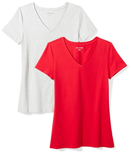Amazon Essentials Camiseta de manga corta clásico con cuello en V, Mujer, Rojo (Rojo/Gris Claro Jaspeado), L, pack de 2