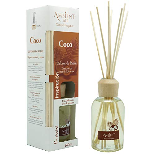 Ambientair Classic. Difusor de varillas perfumadas. Ambientador Mikado Coco. Difusor 240 ml con palitos de ratán. Ambientador sin alcohol para casa.