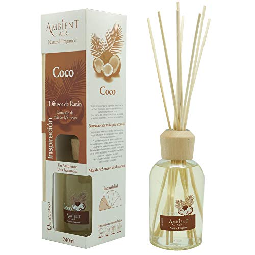 Ambientair Classic. Difusor de varillas perfumadas. Ambientador Mikado Coco. Difusor 240 ml con palitos de ratán. Ambientador sin alcohol para casa.
