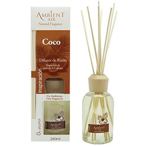 Ambientair Classic. Difusor de varillas perfumadas. Ambientador Mikado Coco. Difusor 240 ml con palitos de ratán. Ambientador sin alcohol para casa.