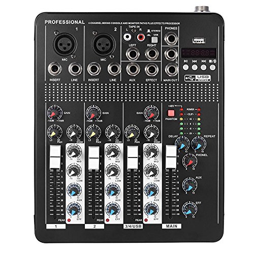 ammoon Bluetooth Profesional 4 Canales de Micrófono Line Mezclador de Audio Mesa de Mezclas con Ecualizador de 3 Bandas 48V Poder Fantasma Interfaz USB