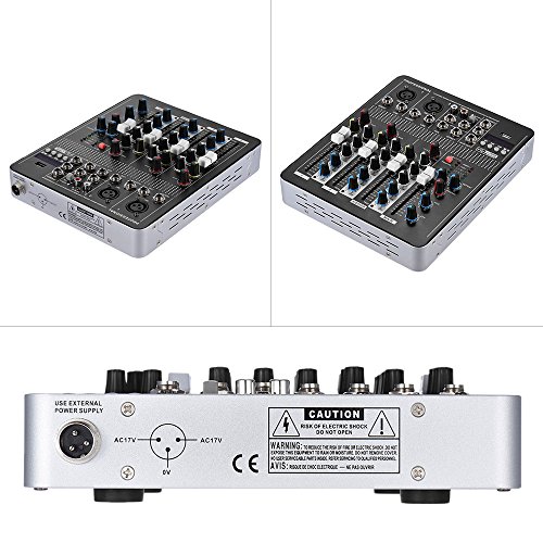 ammoon Bluetooth Profesional 4 Canales de Micrófono Line Mezclador de Audio Mesa de Mezclas con Ecualizador de 3 Bandas 48V Poder Fantasma Interfaz USB
