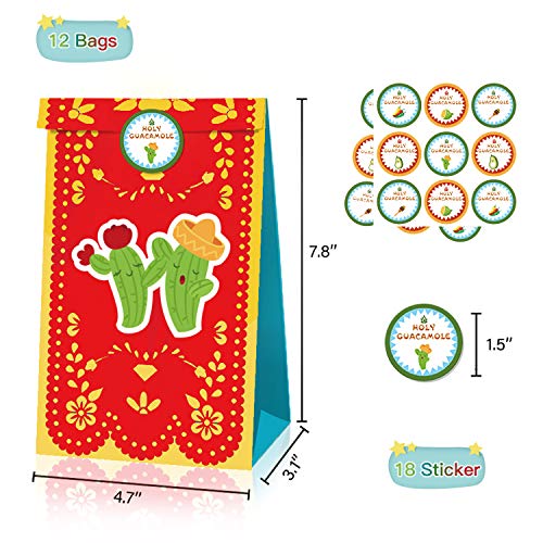 AMOE 12 Pcs Bolsas Regalo Papel, Tema de México Bolsas de Fiesta de Regalo Ambiental con 2 Pegatinas para Navidad Regalo, Dulces, Galletas, niños Fiestas, Boda,Cumpleaños