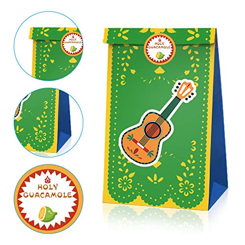 AMOE 12 Pcs Bolsas Regalo Papel, Tema de México Bolsas de Fiesta de Regalo Ambiental con 2 Pegatinas para Navidad Regalo, Dulces, Galletas, niños Fiestas, Boda,Cumpleaños