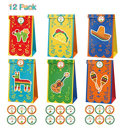 AMOE 12 Pcs Bolsas Regalo Papel, Tema de México Bolsas de Fiesta de Regalo Ambiental con 2 Pegatinas para Navidad Regalo, Dulces, Galletas, niños Fiestas, Boda,Cumpleaños