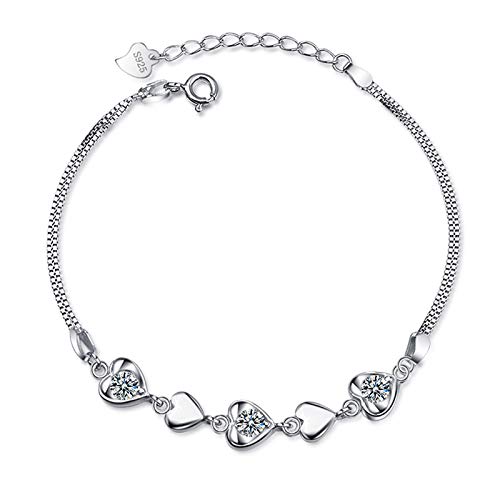 AMTBBK 925 Pulsera De Plata Esterlina, Pulseras del Amor del Corazón Cinco, Circón Brazalete, Pulsera De Plata Ajustable, Regalo para Las Mujeres