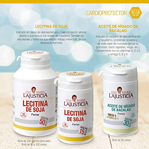 Ana Maria Lajusticia - Lecitina de soja – 90 perlas. Reduce el colesterol en sangre y mejora la memoria. Apto para veganos. Envase para 15 días de tratamiento.