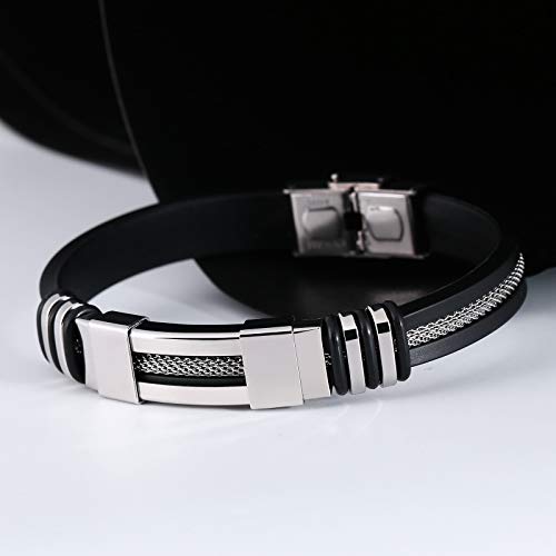 AnazoZ Brazalete Pulsera de Hombre Acero Inoxidable Pulsera de Silicona Hombre Pulsera Negro y Plata