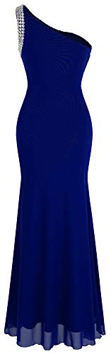 Angel-fashions De las Mujeres Un Hombro Ruching Cuentas Cinta Escotado por detras Vestido Largo (Small, Azul Real)