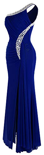 Angel-fashions De las Mujeres Un Hombro Ruching Cuentas Cinta Escotado por detras Vestido Largo (Small, Azul Real)