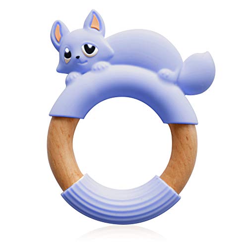 Anillo de Dentición Bebé, Mordedor Bebé Juguete Zorro de Madera de Haya Natural y Segura y Silicona sin BPA, Mordedor para Aliviar Síntomas de la Dentición, de MilkMama (blue)