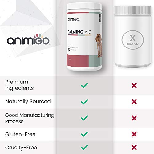 Animigo Calmante para Perros | Suplemento Tranquilizante Natural para Estrés y Ansiedad durante Viajes, Separaciones y Ruidos Fuertes como Fuegos Artificiales | Con Vitaminas y Minerales | 60 Cápsulas