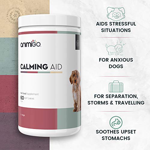 Animigo Calmante para Perros | Suplemento Tranquilizante Natural para Estrés y Ansiedad durante Viajes, Separaciones y Ruidos Fuertes como Fuegos Artificiales | Con Vitaminas y Minerales | 60 Cápsulas