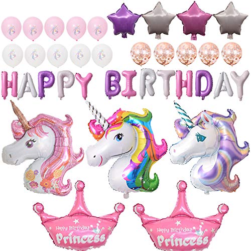 Ánimo Globo Unicornio para Fiesta,Paquete completo incluye Unicornio Grande x3 Corona Plus x2 Pelotas Unicornios x15 y Estrellas x4 con x13 Letras de Happy Birthday.Regalo Ideal para Decorar Un Cumple