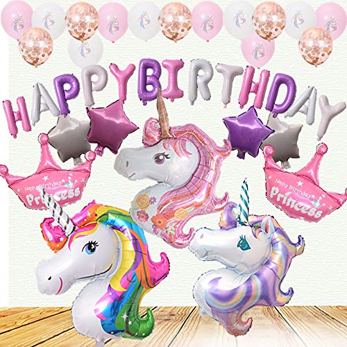 Ánimo Globo Unicornio para Fiesta,Paquete completo incluye Unicornio Grande x3 Corona Plus x2 Pelotas Unicornios x15 y Estrellas x4 con x13 Letras de Happy Birthday.Regalo Ideal para Decorar Un Cumple