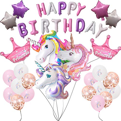 Ánimo Globo Unicornio para Fiesta,Paquete completo incluye Unicornio Grande x3 Corona Plus x2 Pelotas Unicornios x15 y Estrellas x4 con x13 Letras de Happy Birthday.Regalo Ideal para Decorar Un Cumple