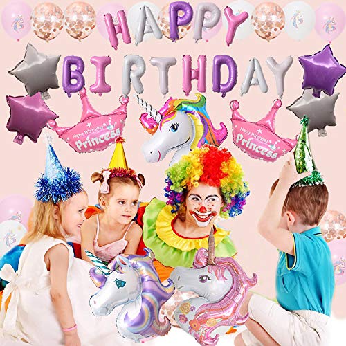 Ánimo Globo Unicornio para Fiesta,Paquete completo incluye Unicornio Grande x3 Corona Plus x2 Pelotas Unicornios x15 y Estrellas x4 con x13 Letras de Happy Birthday.Regalo Ideal para Decorar Un Cumple
