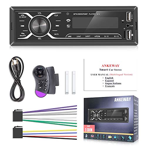 ANKEWAY 2020 Nuevo Táctil Radio Coche Autoradio Bluetooth 1 DIN con App Control y Remoto del Volante, Llamadas Manos Libres Radio FM 75W x 4 Reproductor MP3 Soporte BT/USB/TF/AUX/USB Carga Rápida