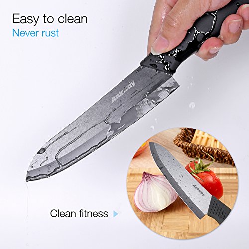 Ankway Cuchillos de Cocina de Cerámica Negro [Versión Mejorada], Juego de Cuchillos de Cerámica con Funda para Cocinar Carne Verduras Fruta Pan-Resistente a la Corrosión y a Las Manchas, 5 Piezas