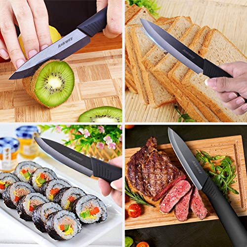 Ankway Cuchillos de Cocina de Cerámica Negro [Versión Mejorada], Juego de Cuchillos de Cerámica con Funda para Cocinar Carne Verduras Fruta Pan-Resistente a la Corrosión y a Las Manchas, 5 Piezas