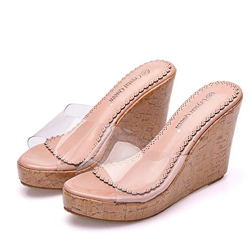Anoauit Sandalias Transparentes con Boca de pez de Color Nude, Sandalias de cuña con Punta Redonda, Chanclas, Sandalias de Playa, Zapatos de Plataforma para Mujer-Desnudo Transparente_37