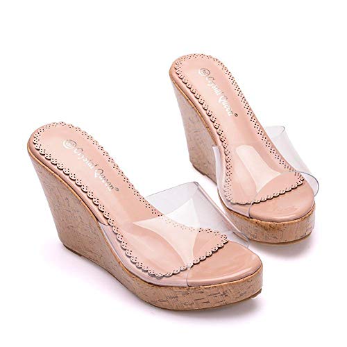 Anoauit Sandalias Transparentes con Boca de pez de Color Nude, Sandalias de cuña con Punta Redonda, Chanclas, Sandalias de Playa, Zapatos de Plataforma para Mujer-Desnudo Transparente_37