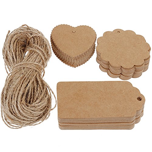 Anpro 120 Piezas Etiquetas de Papel Kraft Etiquetas de Equipaje Etiquetas de regalo Etiquetas de Papel de Boda con 30 Metros Cordel de Yute