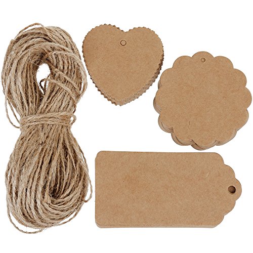 Anpro 120 Piezas Etiquetas de Papel Kraft Etiquetas de Equipaje Etiquetas de regalo Etiquetas de Papel de Boda con 30 Metros Cordel de Yute