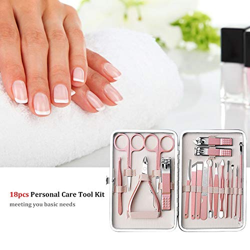 Anself 18 pcs Kit de Manicura Pedicura Profesional Kit de Cortauñas Recortador de Limas de Uñas Afeitado de Cejas Herramienta de Corte de Pelo de Nariz (Rosa claro)