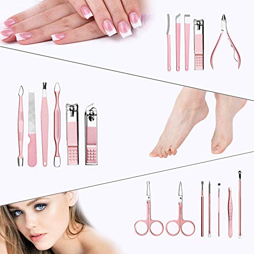 Anself 18 pcs Kit de Manicura Pedicura Profesional Kit de Cortauñas Recortador de Limas de Uñas Afeitado de Cejas Herramienta de Corte de Pelo de Nariz (Rosa claro)
