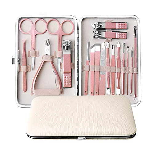 Anself 18 pcs Kit de Manicura Pedicura Profesional Kit de Cortauñas Recortador de Limas de Uñas Afeitado de Cejas Herramienta de Corte de Pelo de Nariz (Rosa claro)