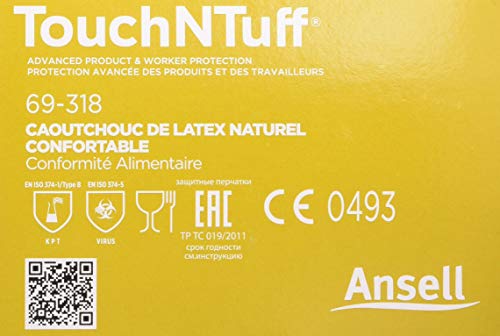 Ansell TouchNTuff 69-318/8 Caucho natural guante, Protección contra productos químicos y líquidos, Tamaño 8 (dispensador de 100 guantes), Natural
