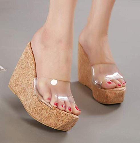 Antideslizante suave cubierta zapatillas de casa, pendiente transparente con zapatillas de una sola palabra de la mujer, glue_34 sandalias de madera de tacón alto plataforma, Tobogán for mujeres / hom