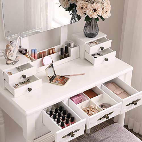 ANWBROAD Tocador Mesa de Maquillaje Belleza Tocador con taburete y espejo de niñas Espejo sin Marco Taburete de Madera de Goma, con 7 cajones, 3 divisores para Dormitorio Vestidor Blanco BDT03W