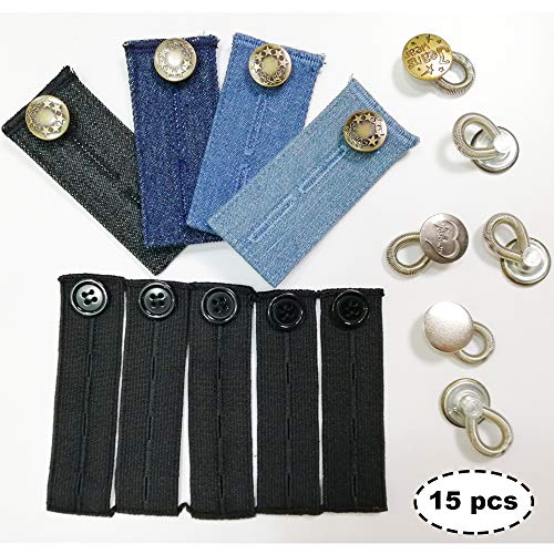 Anyasen 15pcs extensores de cintura pantalones extensores de botones Extensor de cintura elásticos Ajustables con botón de metal gancho para Mujeres Embarazadas Personas obesas pantalones vaqueros